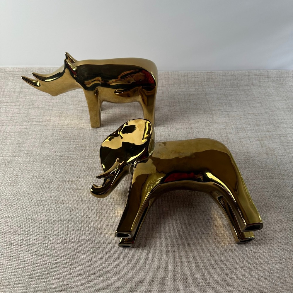 Modern Gold Ceramic Elephant & Rhino Figurines – Set of 2 Sculptural Decor - Picture 4 of 10